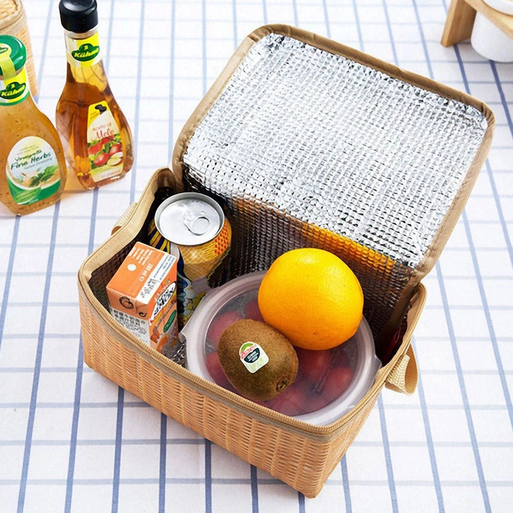 Portable Wicker Rattan Outdoor Camping Picnic Bag Food Container Basket for Indoor Household Camping Aluminum Film Home Storage