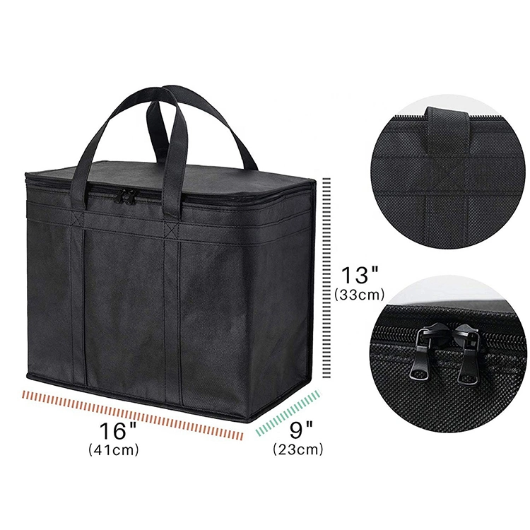 Black Large Size Non Woven Cooler Bag Foldable Food Delivery Bag Picnic Time Thermal Non Woven Cooler Bag Zipper Insulated Cooler Bag